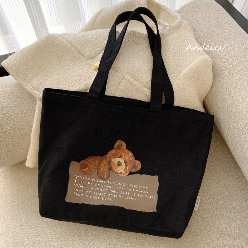 Free Love Bear Art Canvas Tote Bag with Zip - Andcici