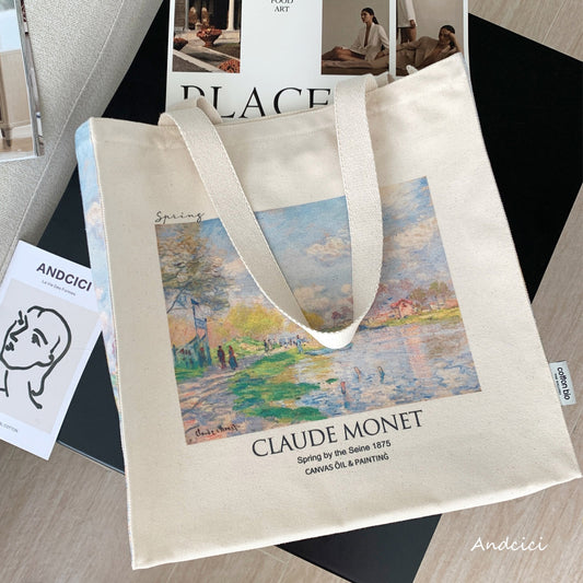 Claude Monet "Spring by the Seine, 1875" Canvas Tote Bag with Zip - Andcici