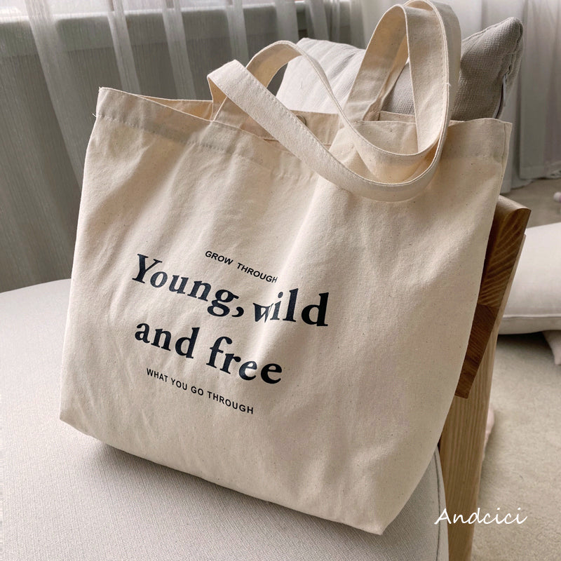 Young, Wild and Free Canvas Tote Bag with Zip - Andcici
