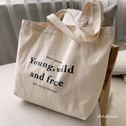 Young, Wild and Free Canvas Tote Bag with Zip - Andcici