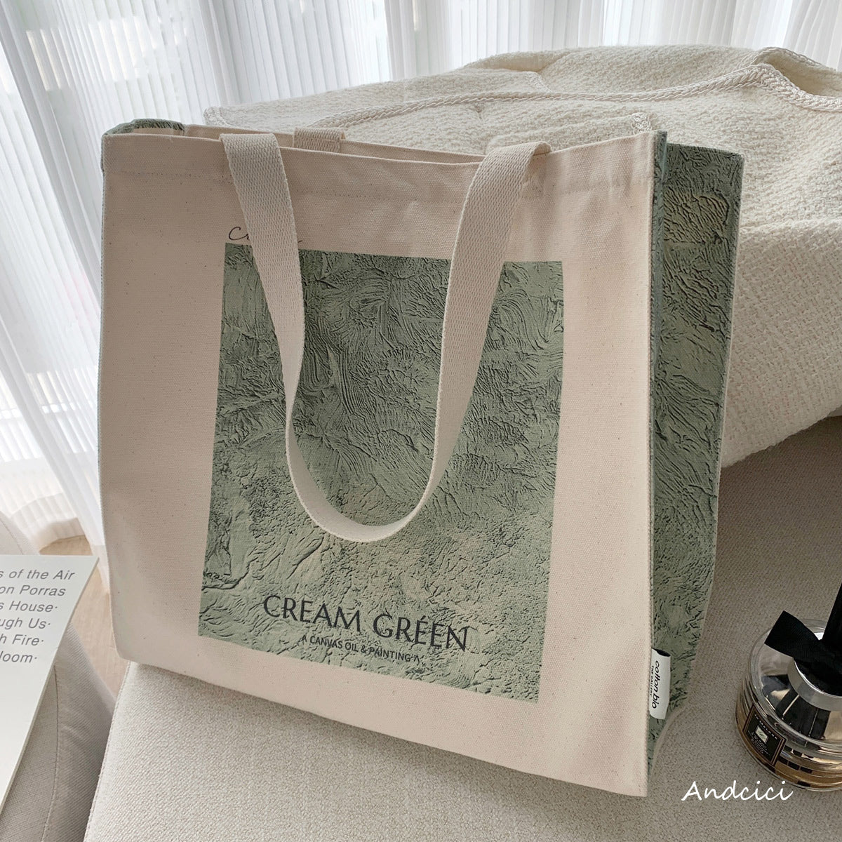 Cream Green Abstract Art Canvas Tote Bag with Zip - Andcici