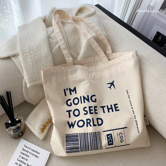 I'm going to see the World Canvas Tote Bag with Inner Zipped Pocket - Andcici