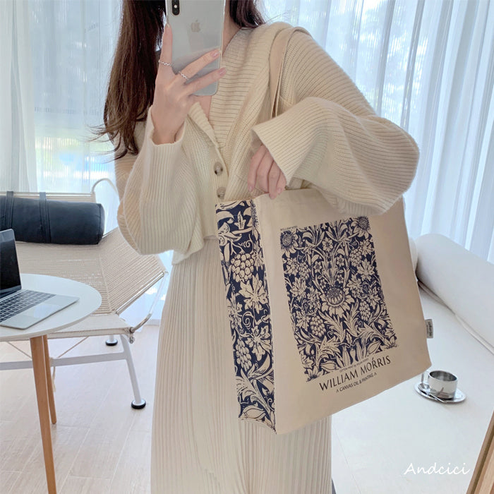 William Morris Navy Blue Botanical Canvas Tote Bag with Zip - Andcici