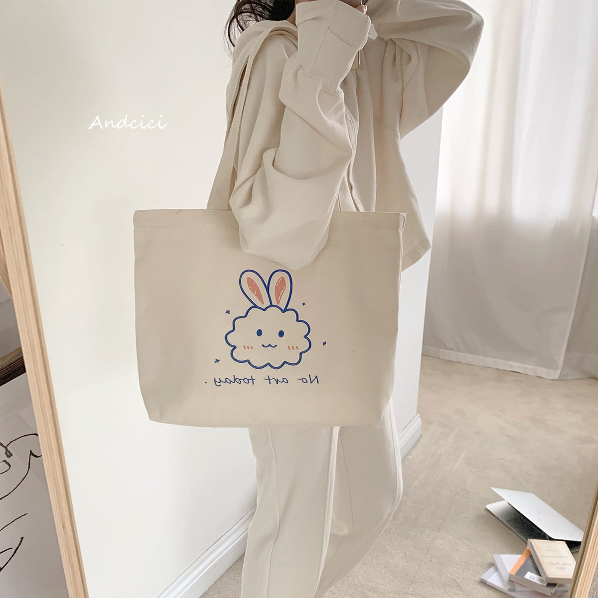 No Art Today Rabbit Canvas Tote Bag with Zip - Andcici