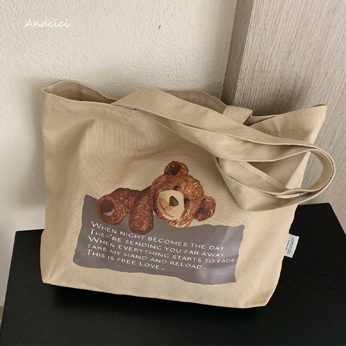 Free Love Bear Art Canvas Tote Bag with Zip - Andcici