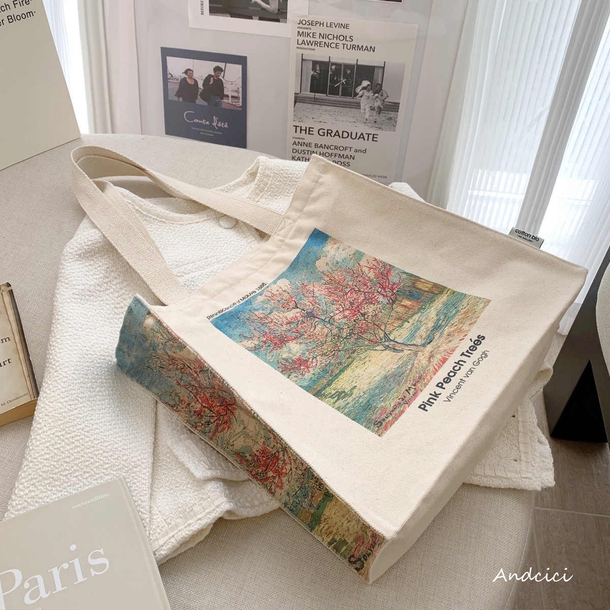 Vincent Van Gogh Pink Peach Trees, 1888 Canvas Tote Bag with Zip - Andcici