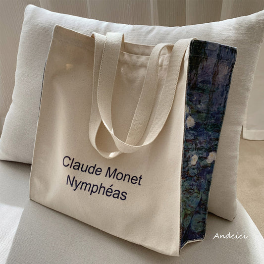 Claude Monet Nymphéas Bleus Panel Art Canvas Tote Bag with Zip - Andcici