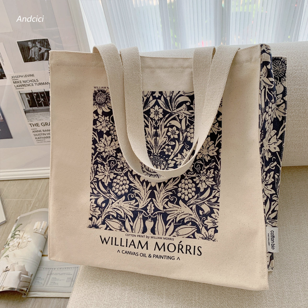 William Morris Navy Blue Botanical Canvas Tote Bag with Zip - Andcici
