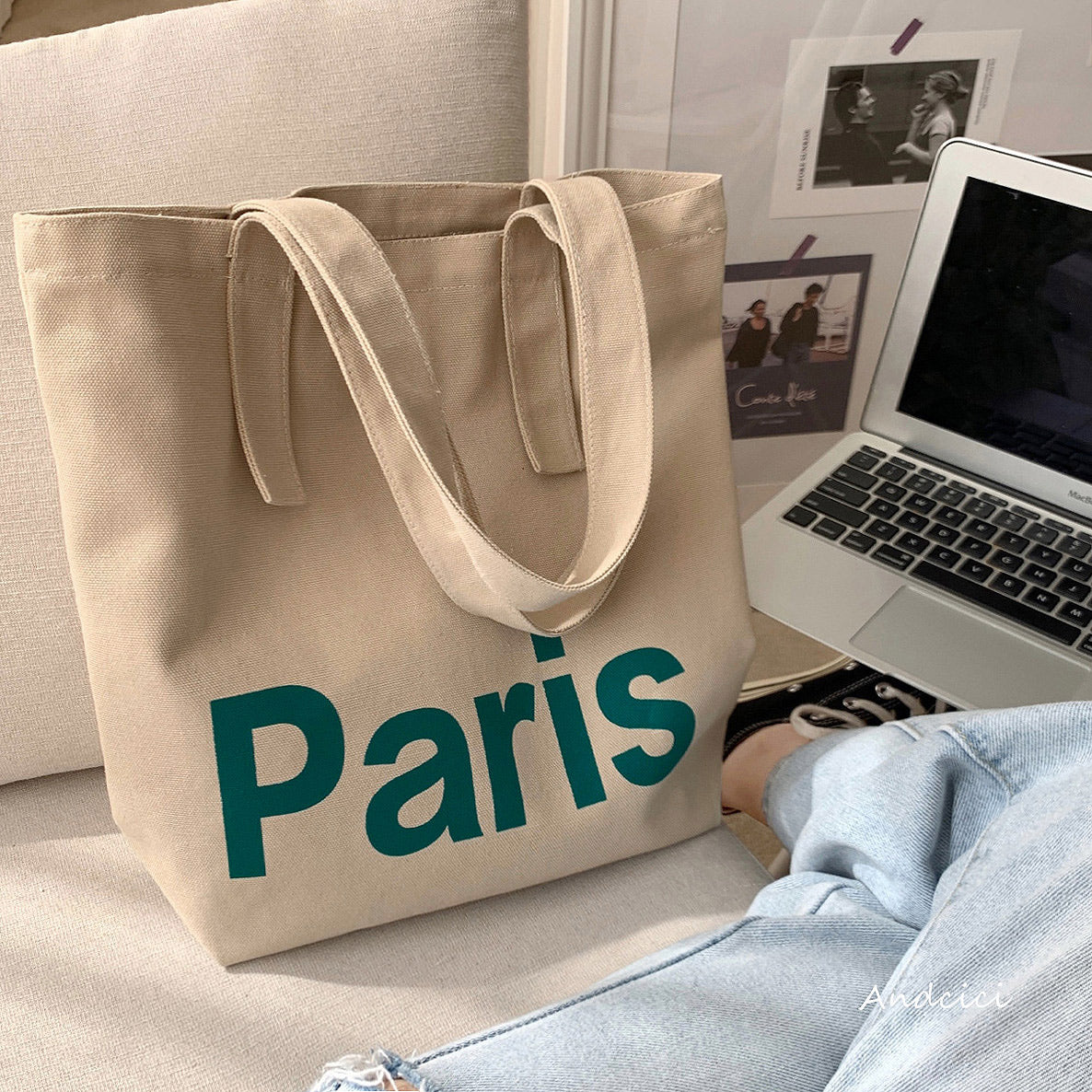 Paris In Green Canvas Tote Bag with Zip - Andcici