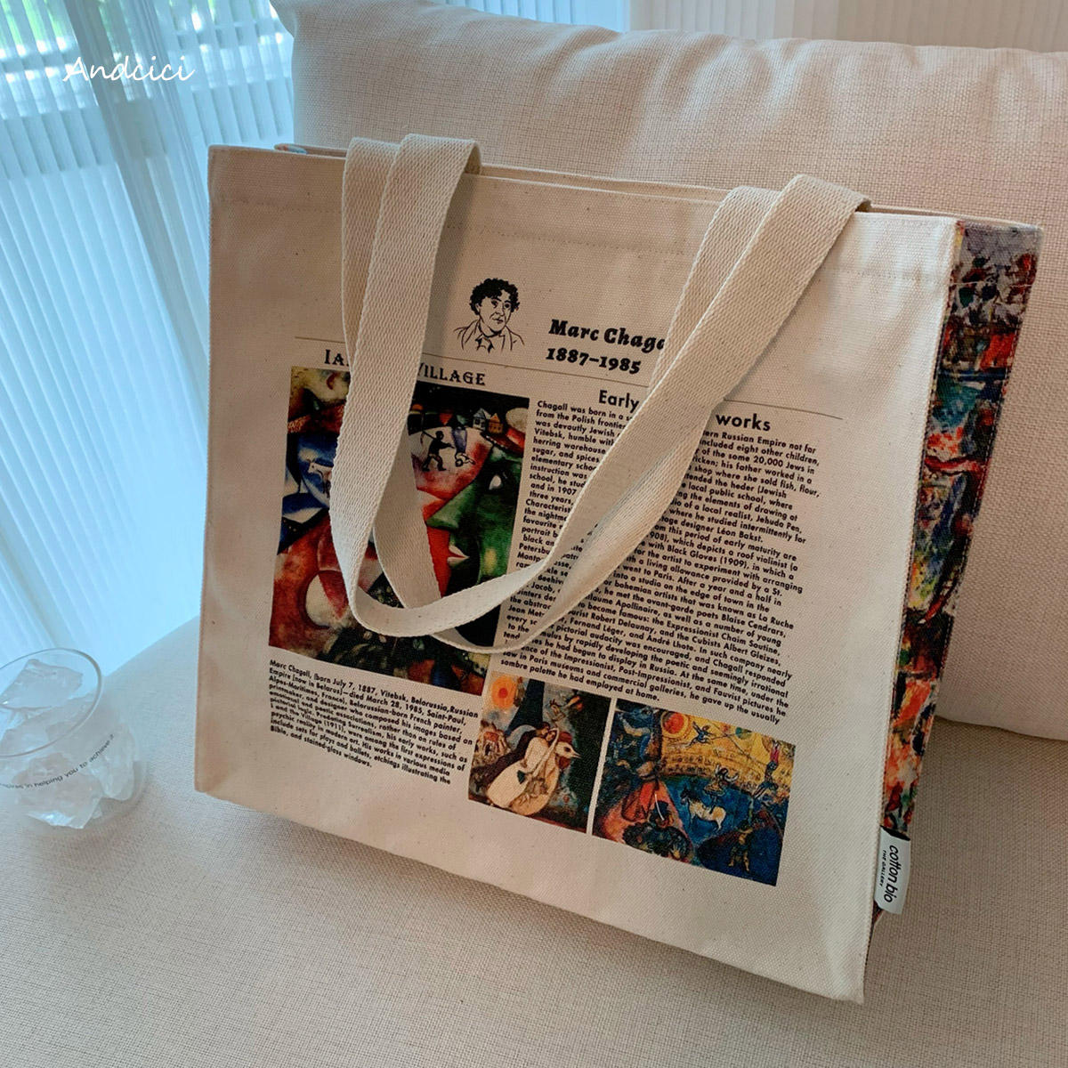 Tribute to Marc Chagall Canvas Tote Bag with Zip - Andcici