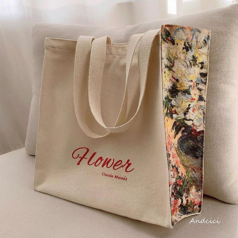 Claude Monet Flower Theme Panel Art Canvas Tote Bag with Zip - Andcici