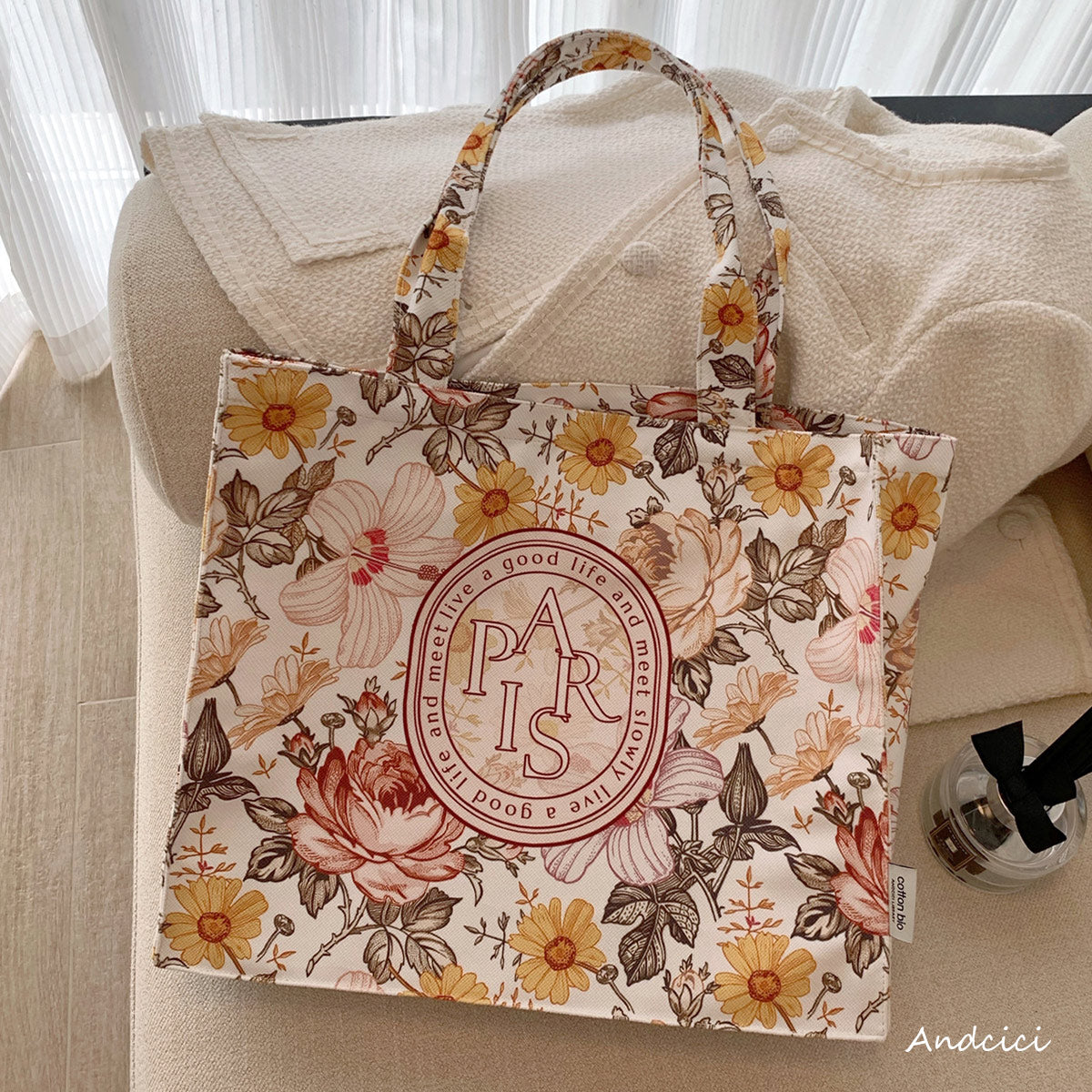 French Flowers Canvas Tote Bag with Zip - Andcici