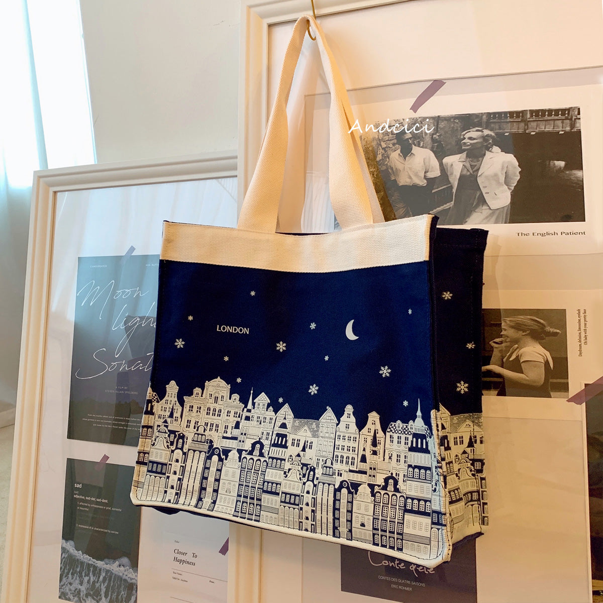 London Night Sky Black Tote Bag with Zip - Andcici