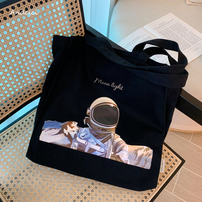 Moonlight Astronaut Abstract Art Canvas Tote Bag with Zip - Andcici