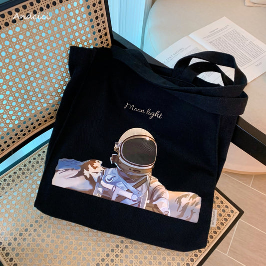 Moonlight Astronaut Abstract Art Canvas Tote Bag with Zip - Andcici