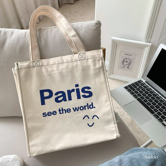 Paris See The World Canvas Tote Bag with Zip - Andcici
