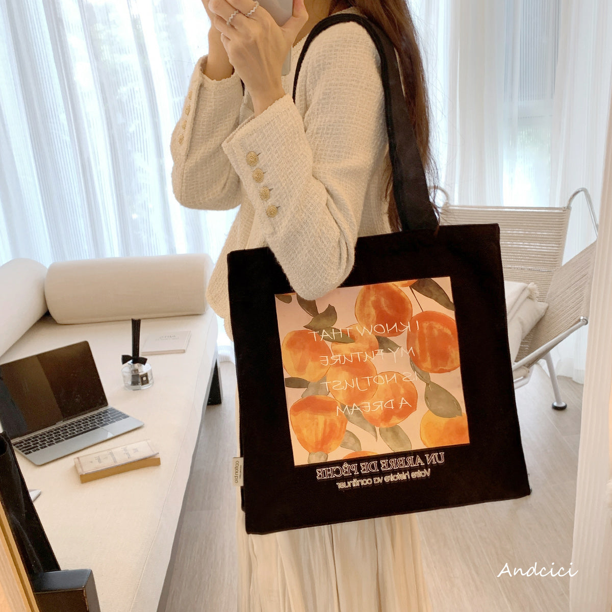 A Peach Tree Canvas Tote Bag with Zip - Andcici