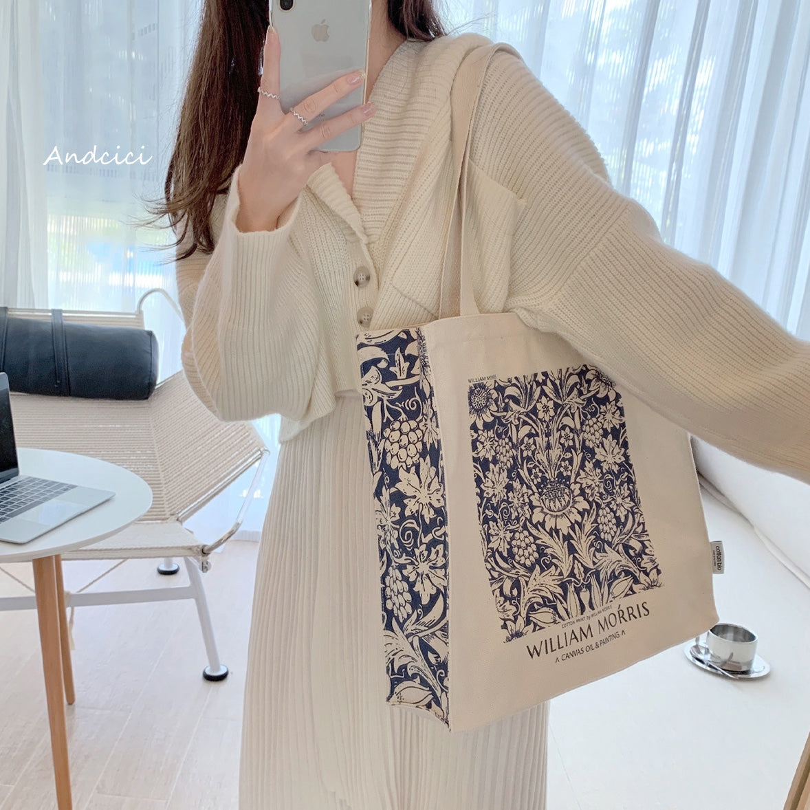 William Morris Navy Blue Botanical Canvas Tote Bag with Zip - Andcici