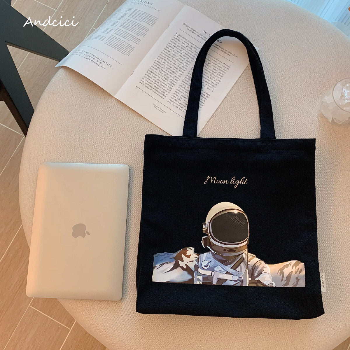 Moonlight Astronaut Abstract Art Canvas Tote Bag with Zip - Andcici