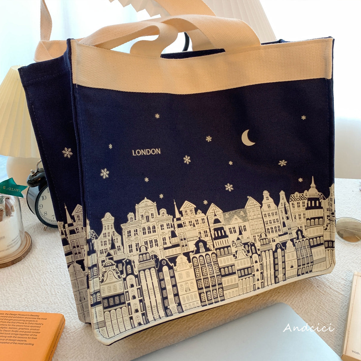 London Night Sky Black Tote Bag with Zip - Andcici