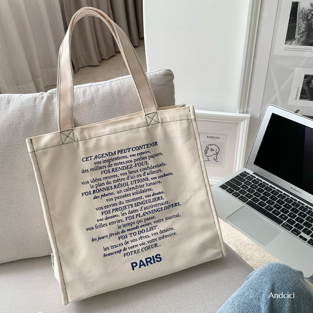 Paris See The World Canvas Tote Bag with Zip - Andcici