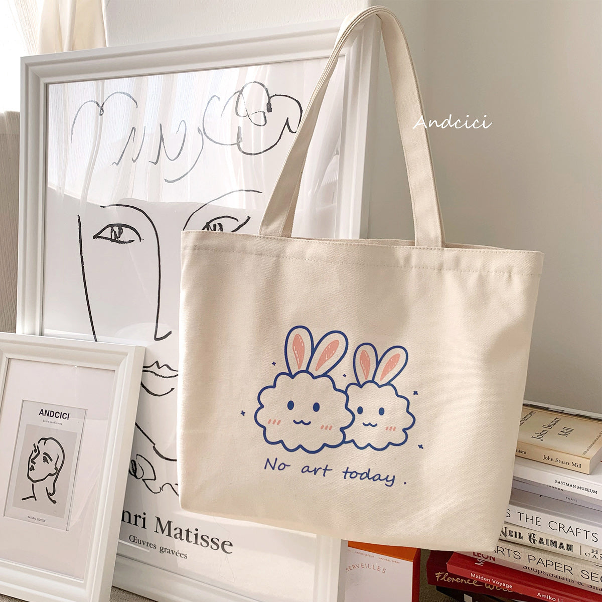 No Art Today Rabbit Canvas Tote Bag with Zip - Andcici