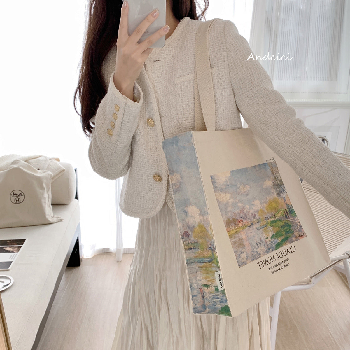 Claude Monet "Spring by the Seine, 1875" Canvas Tote Bag with Zip - Andcici