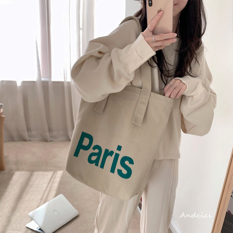 Paris In Green Canvas Tote Bag with Zip - Andcici