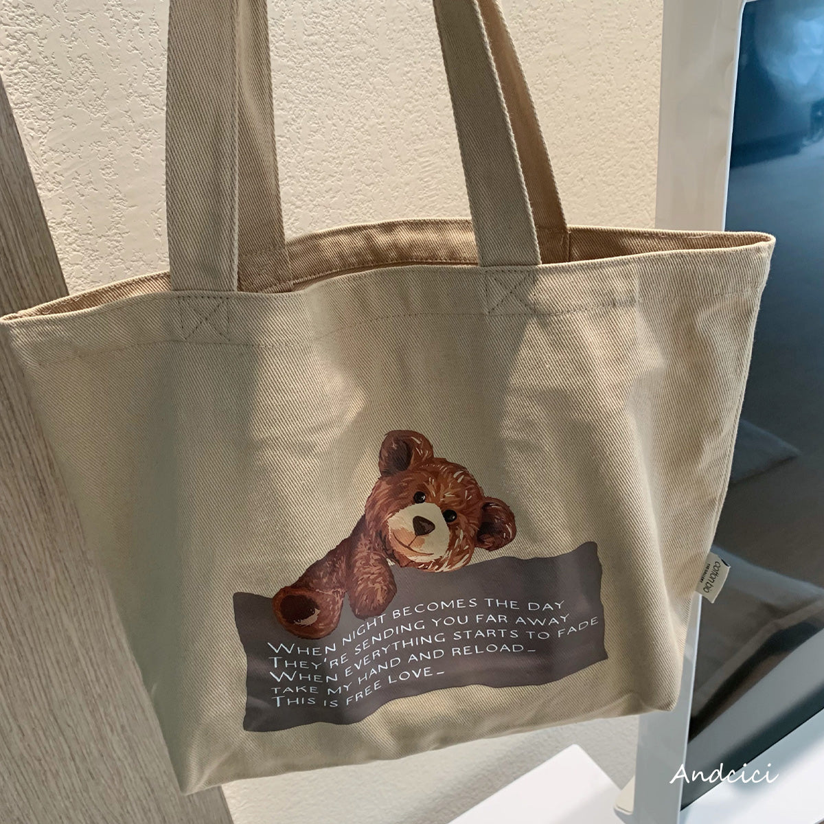 Free Love Bear Art Canvas Tote Bag with Zip - Andcici