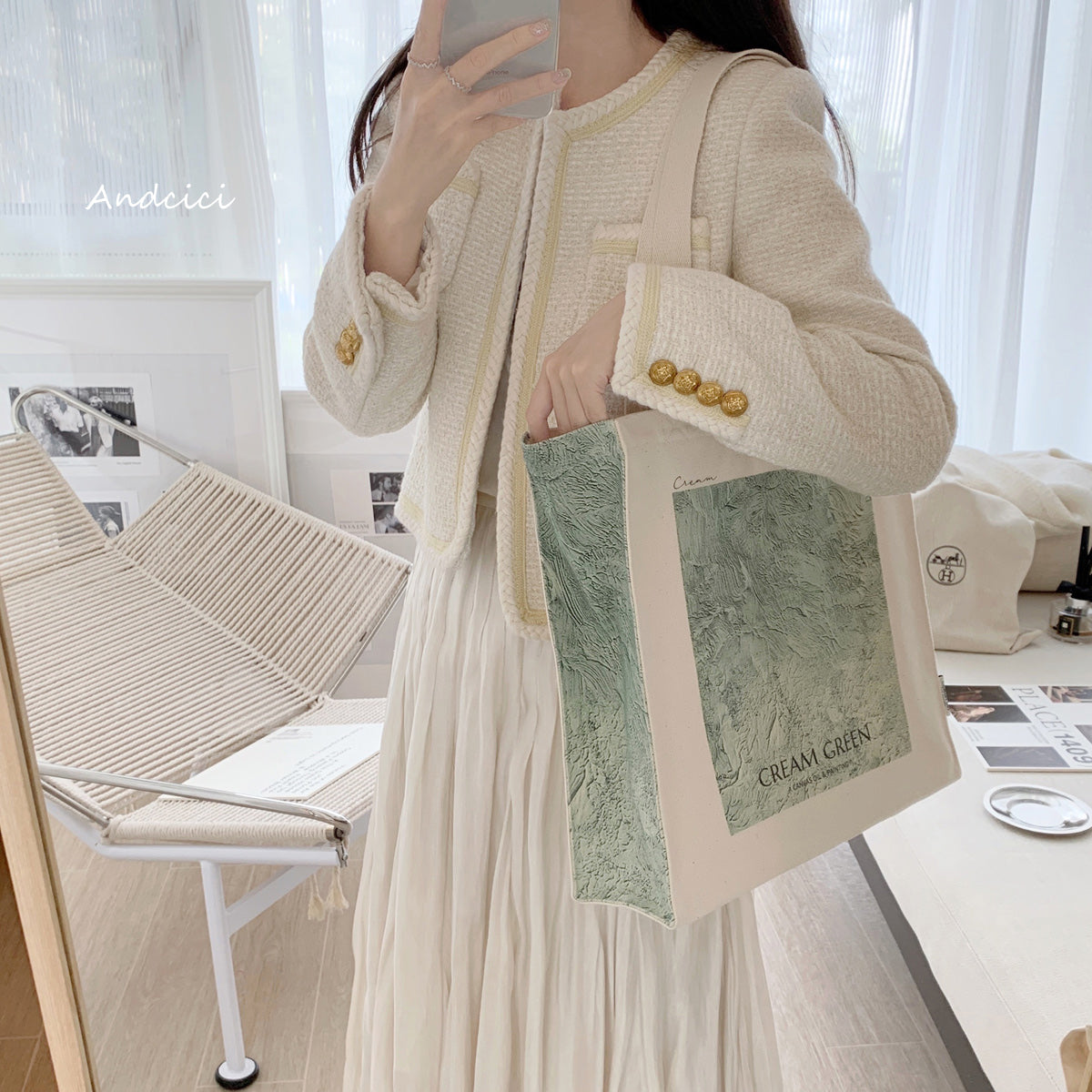 Cream Green Abstract Art Canvas Tote Bag with Zip - Andcici