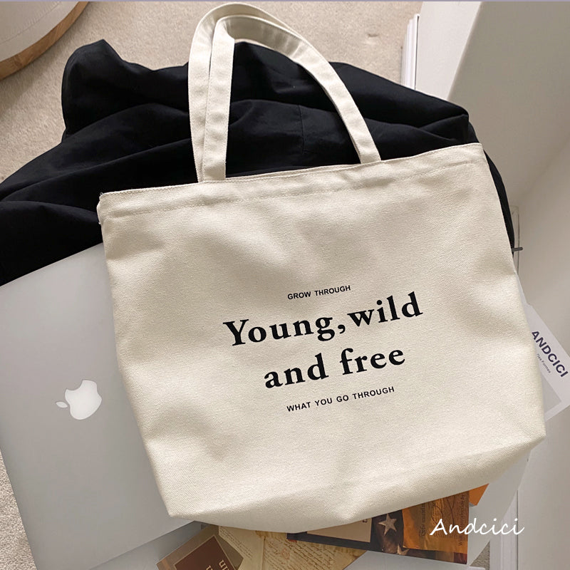 Young, Wild and Free Canvas Tote Bag with Zip - Andcici