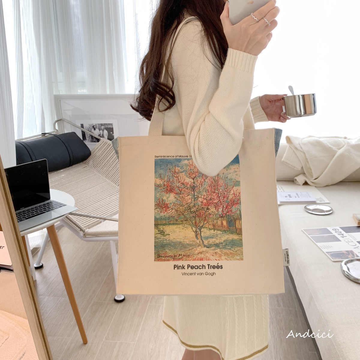 Vincent Van Gogh Pink Peach Trees, 1888 Canvas Tote Bag with Zip - Andcici