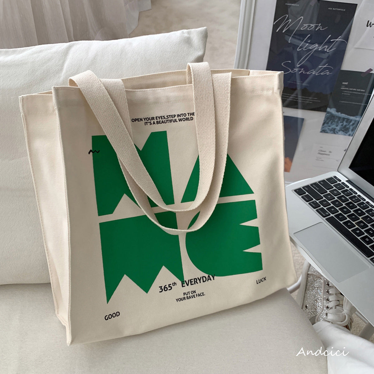 NAME Canvas Tote Bag with Zip - Andcici