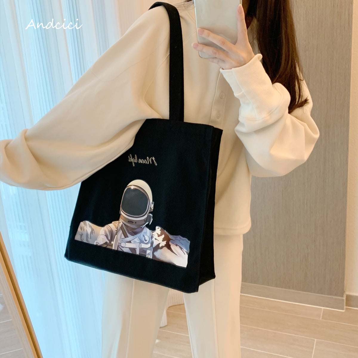 Moonlight Astronaut Abstract Art Canvas Tote Bag with Zip - Andcici