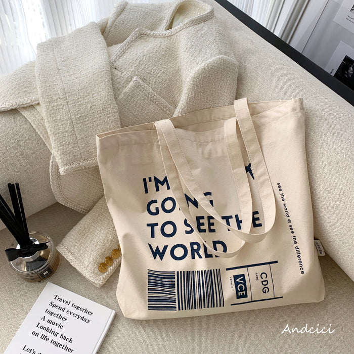 I'm going to see the World Canvas Tote Bag with Inner Zipped Pocket - Andcici