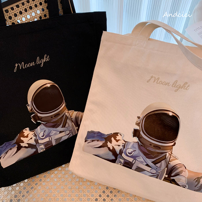 Moonlight Astronaut Abstract Art Canvas Tote Bag with Zip - Andcici