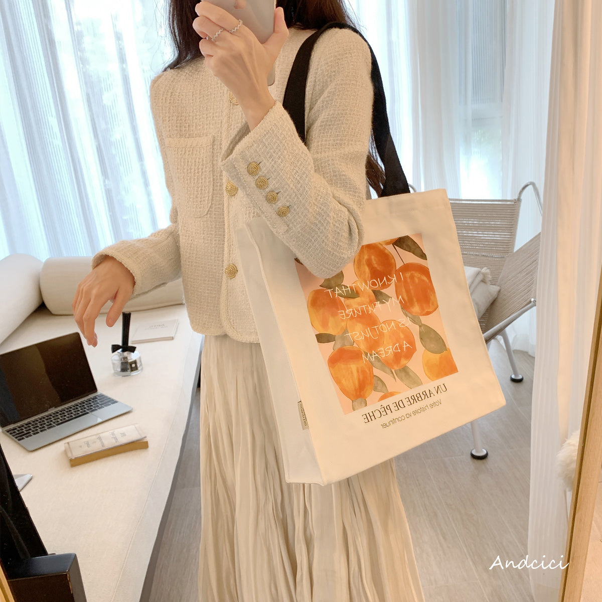 A Peach Tree Canvas Tote Bag with Zip - Andcici