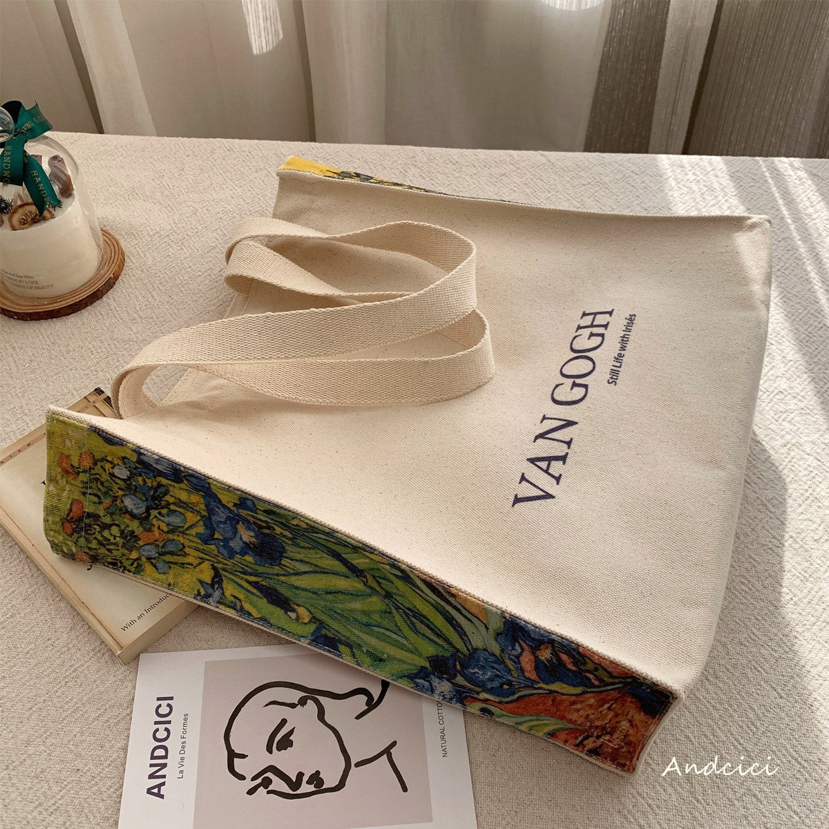 Vincent Van Gogh Irises, 1889 Panel Art Canvas Tote Bag with Zip - Andcici