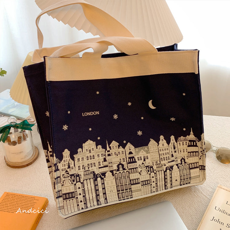 London Night Sky Black Tote Bag with Zip - Andcici