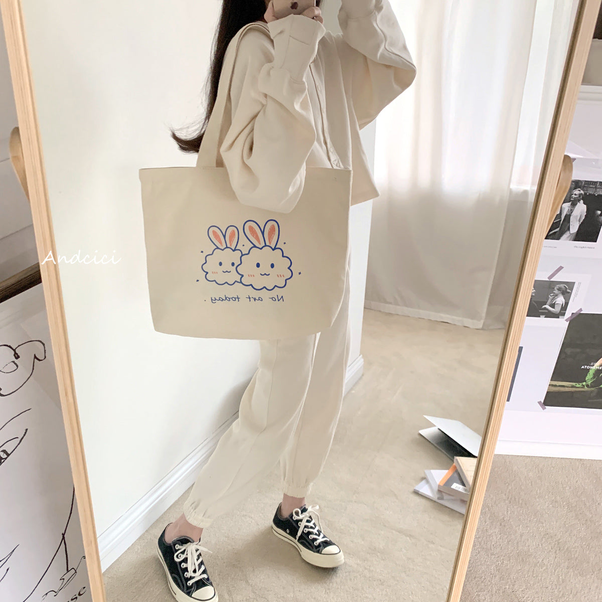 No Art Today Rabbit Canvas Tote Bag with Zip - Andcici