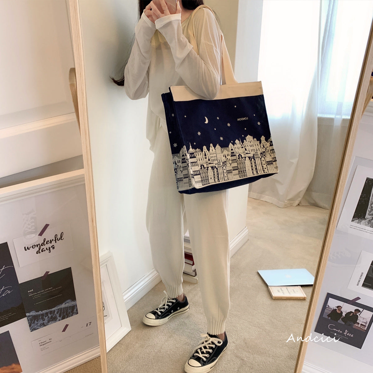 London Night Sky Black Tote Bag with Zip - Andcici