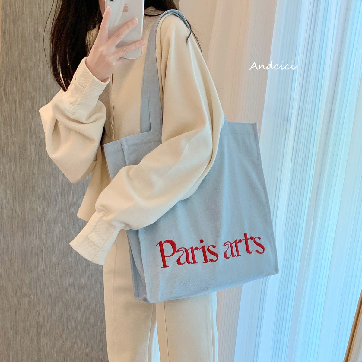 Paris Arts Canvas Tote Bag with Zip - Andcici