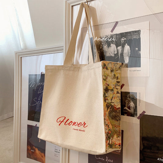 Claude Monet Flower Theme Panel Art Canvas Tote Bag with Zip - Andcici