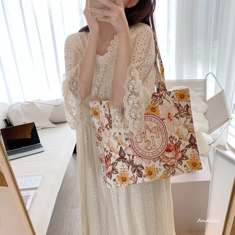 French Flowers Canvas Tote Bag with Zip - Andcici