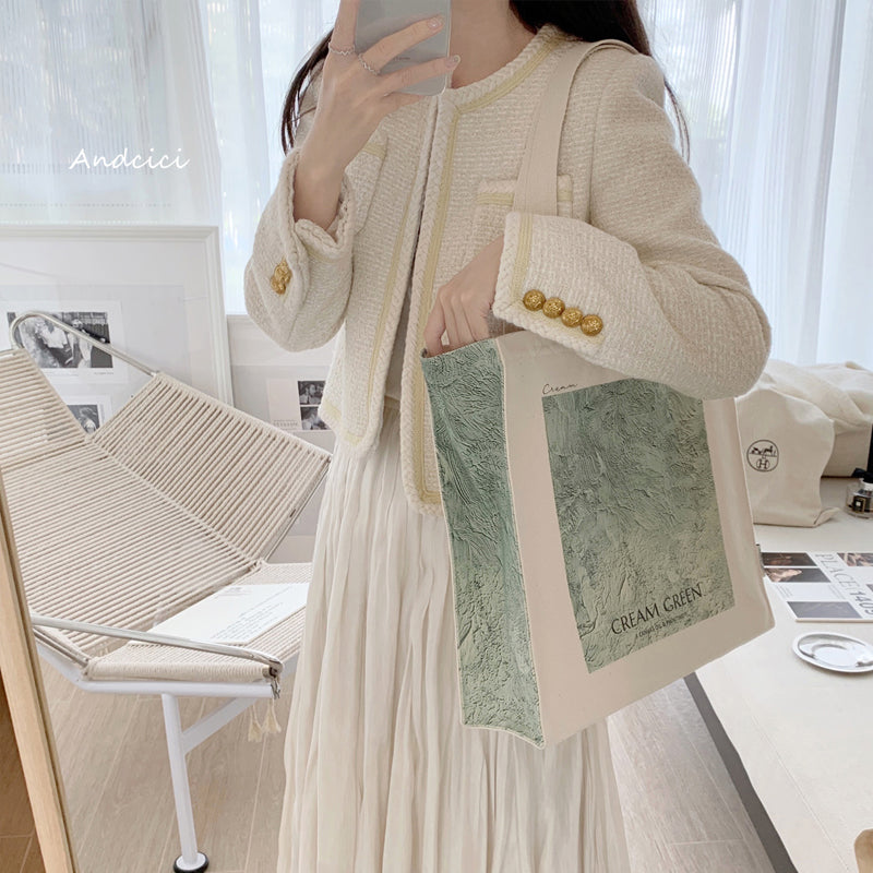 Cream Green Abstract Art Canvas Tote Bag with Zip - Andcici