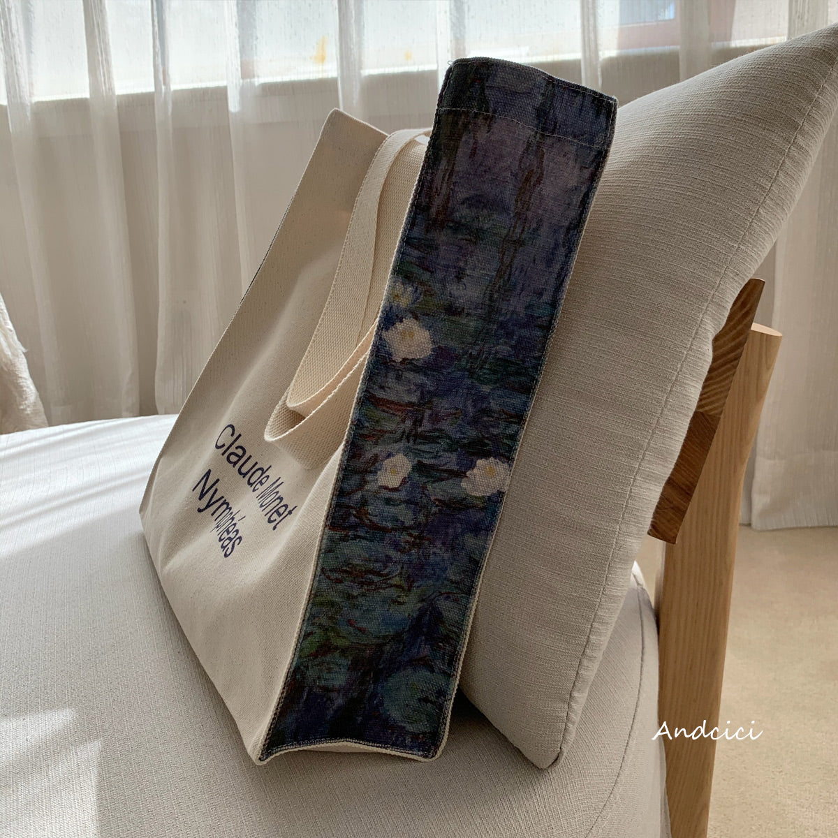 Claude Monet Nymphéas Bleus Panel Art Canvas Tote Bag with Zip