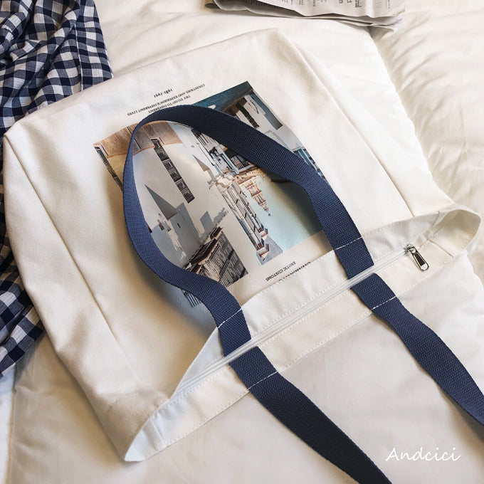 Charming Town Canvas Tote Bag Blue Strap with Zip - Andcici