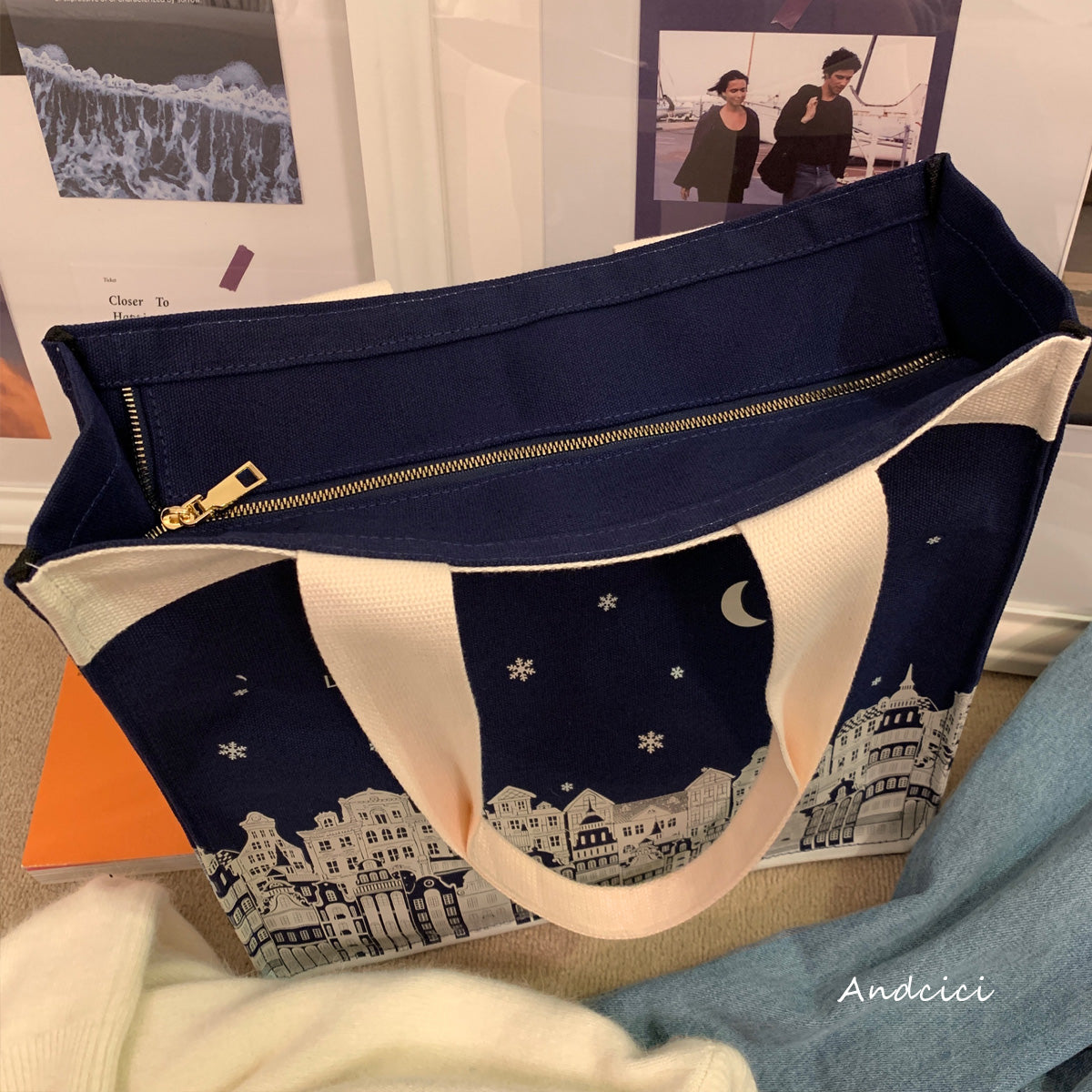 London Night Sky Black Tote Bag with Zip - Andcici