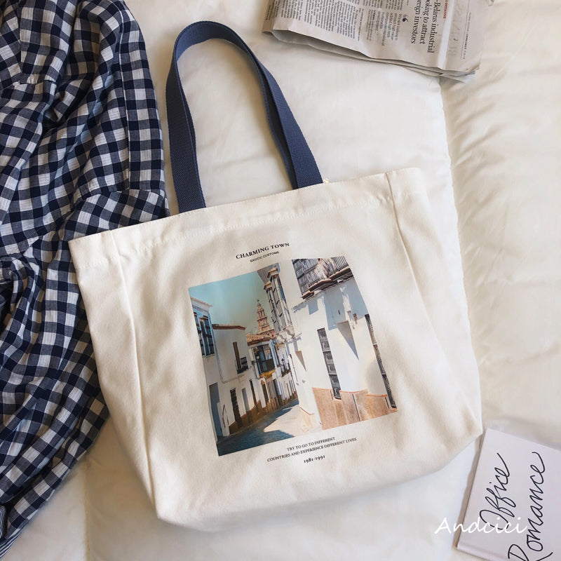 Charming Town Canvas Tote Bag Blue Strap with Zip - Andcici