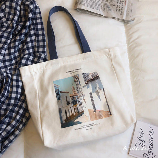 Charming Town Canvas Tote Bag Blue Strap with Zip - Andcici
